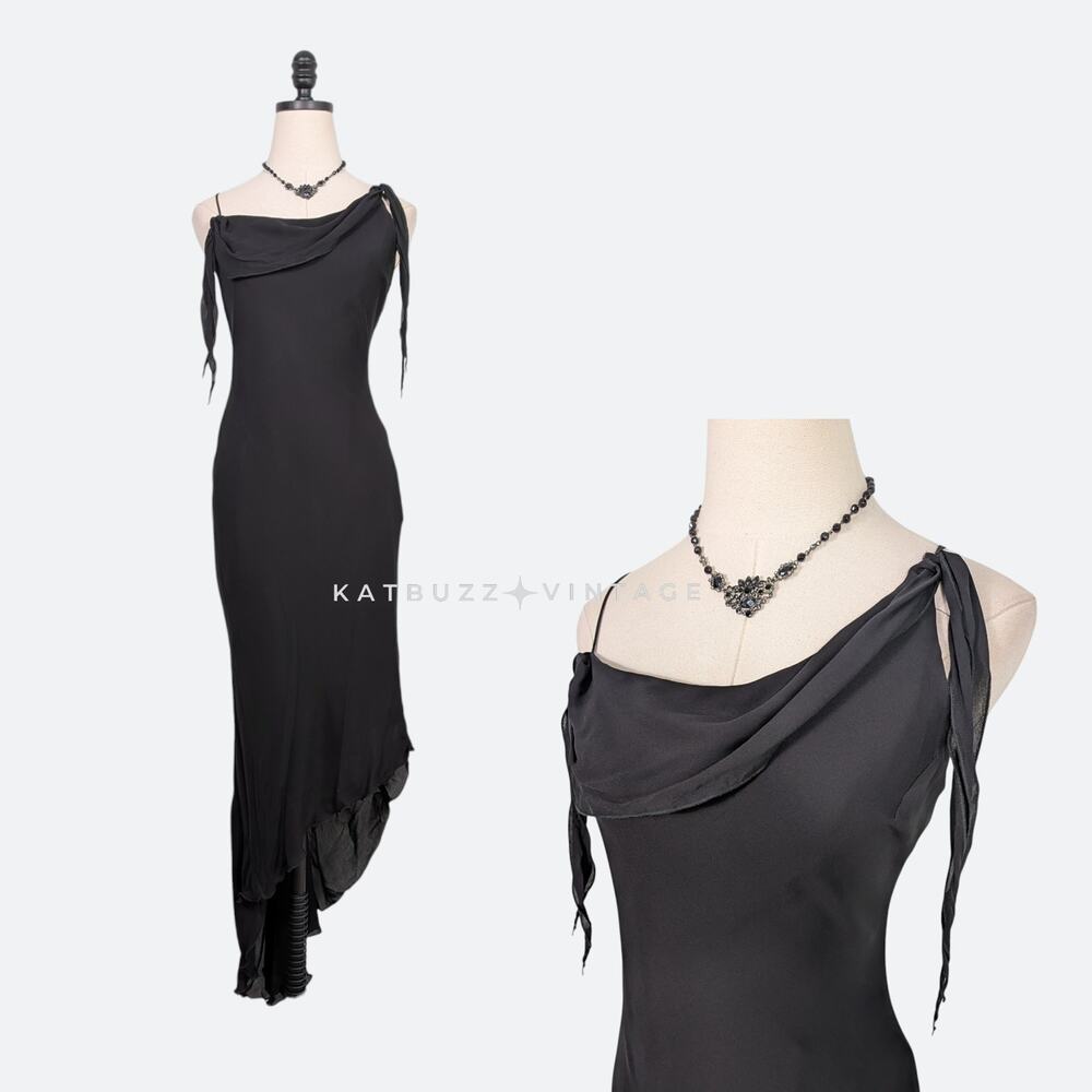 Vintage Black Bias Slip Dress with Draped Neckline